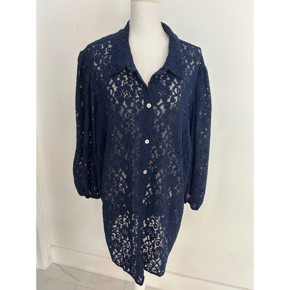 Dennis by Dennis Basso Navy Blue Floral Lace Button Down Puff Sleeve‎ Shirt 4X